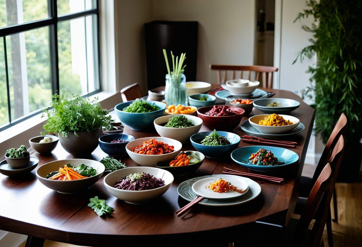 A beautifully arranged dining table featuring an array of colorful, innovative dishes served in sleek ceramic bowls, with intricately designed chopsticks thoughtfully placed beside each dish. Include fresh herbs and vegetables surrounding the table to emphasize sustainability, and a warm, inviting kitchen background visible through an open doorway. The setting should convey a sense of creativity in cooking and dining. super-realistic. vibrant colors. soft natural lighting.