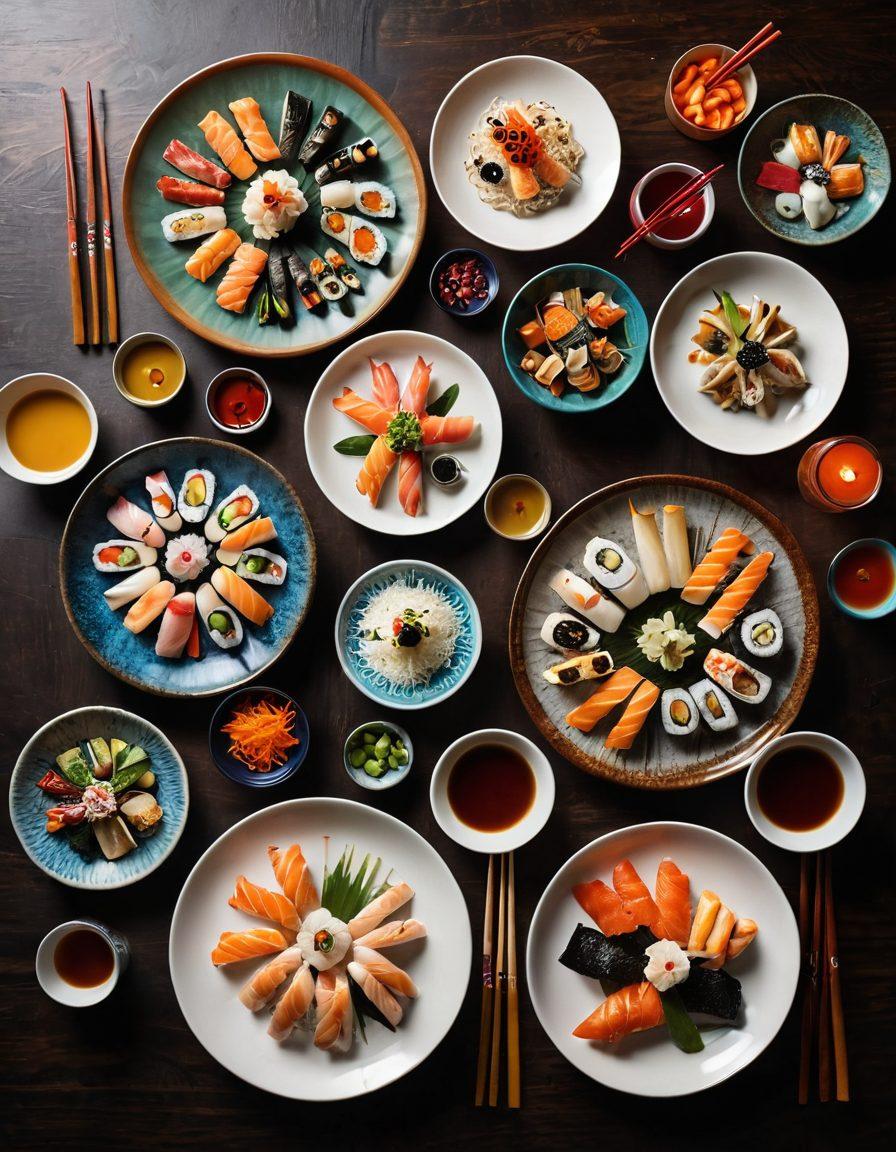 A beautifully arranged table setting featuring a variety of gourmet dishes from different Asian cultures, each elegantly placed. In the foreground, a pair of intricately designed chopsticks poised above a vibrant sushi platter, with colorful side dishes showcasing diversity. Soft ambient lighting casts a warm glow, enhancing the inviting atmosphere, while subtle cultural motifs decorate the background. This image captures the essence of fine dining and cultural appreciation. super-realistic. vibrant colors. soft lighting.